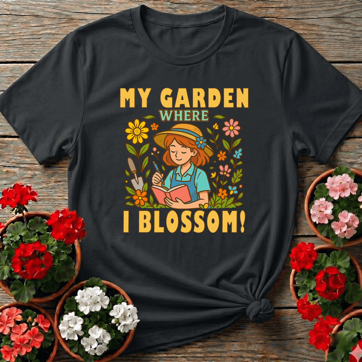 Black retro cottagecore gardening tee with "My Garden Where I Blossom" for women who journal in the garden