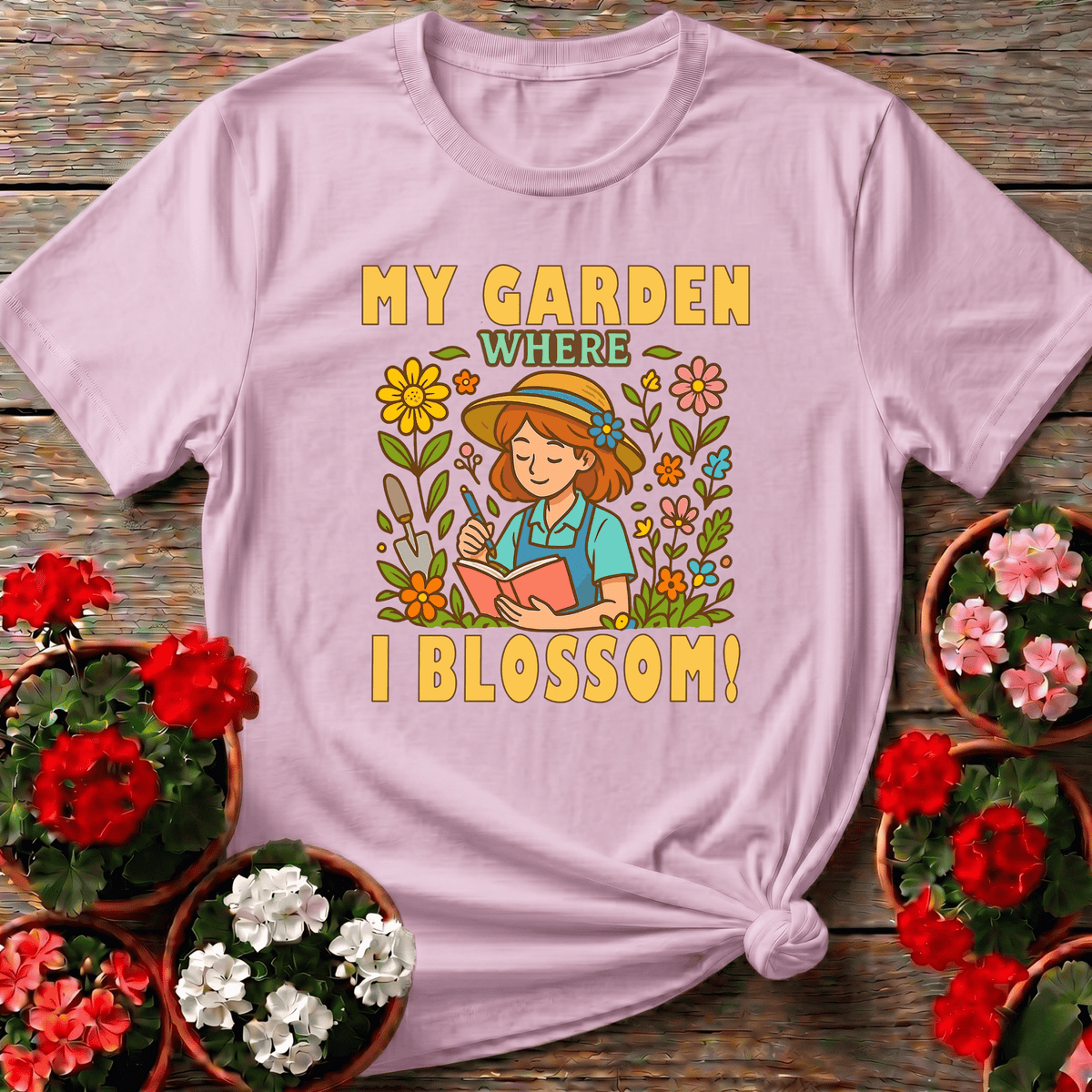 Light Pink cheerful retro gardening tee with "My Garden Where I Blossom" for women who grow and bloom