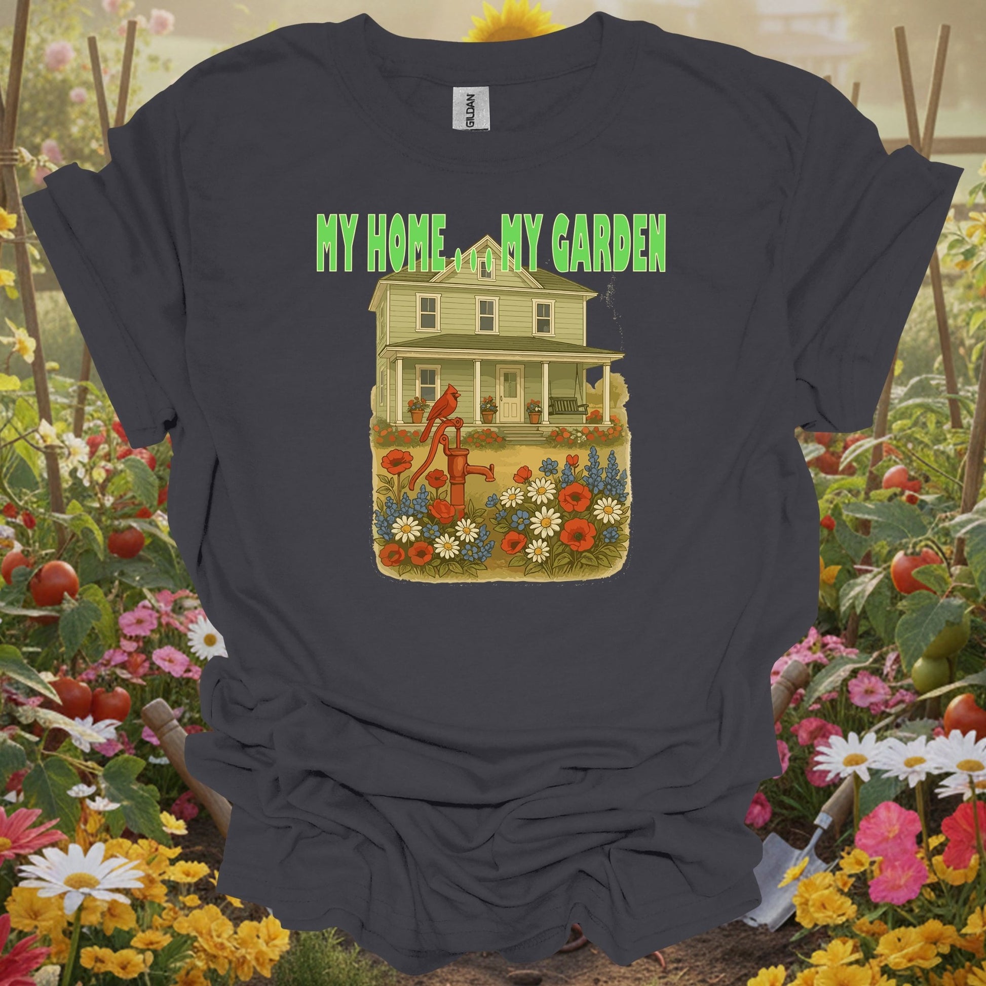 Charcoal tee featuring a farmhouse and wildflower design that celebrates the harmony of home and garden.