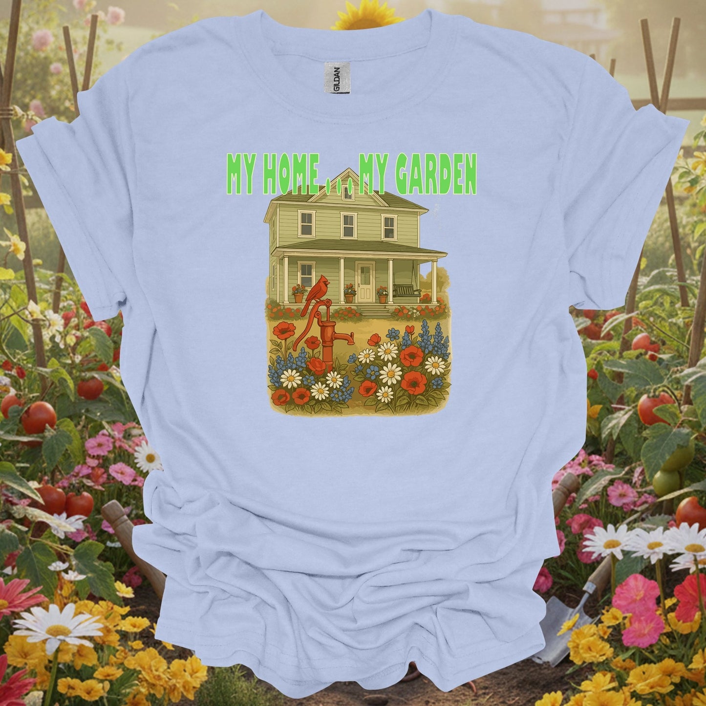 Light Blue shirt with a red cardinal and water pump theme making a beautiful gift T-shirt for any dedicated grower.