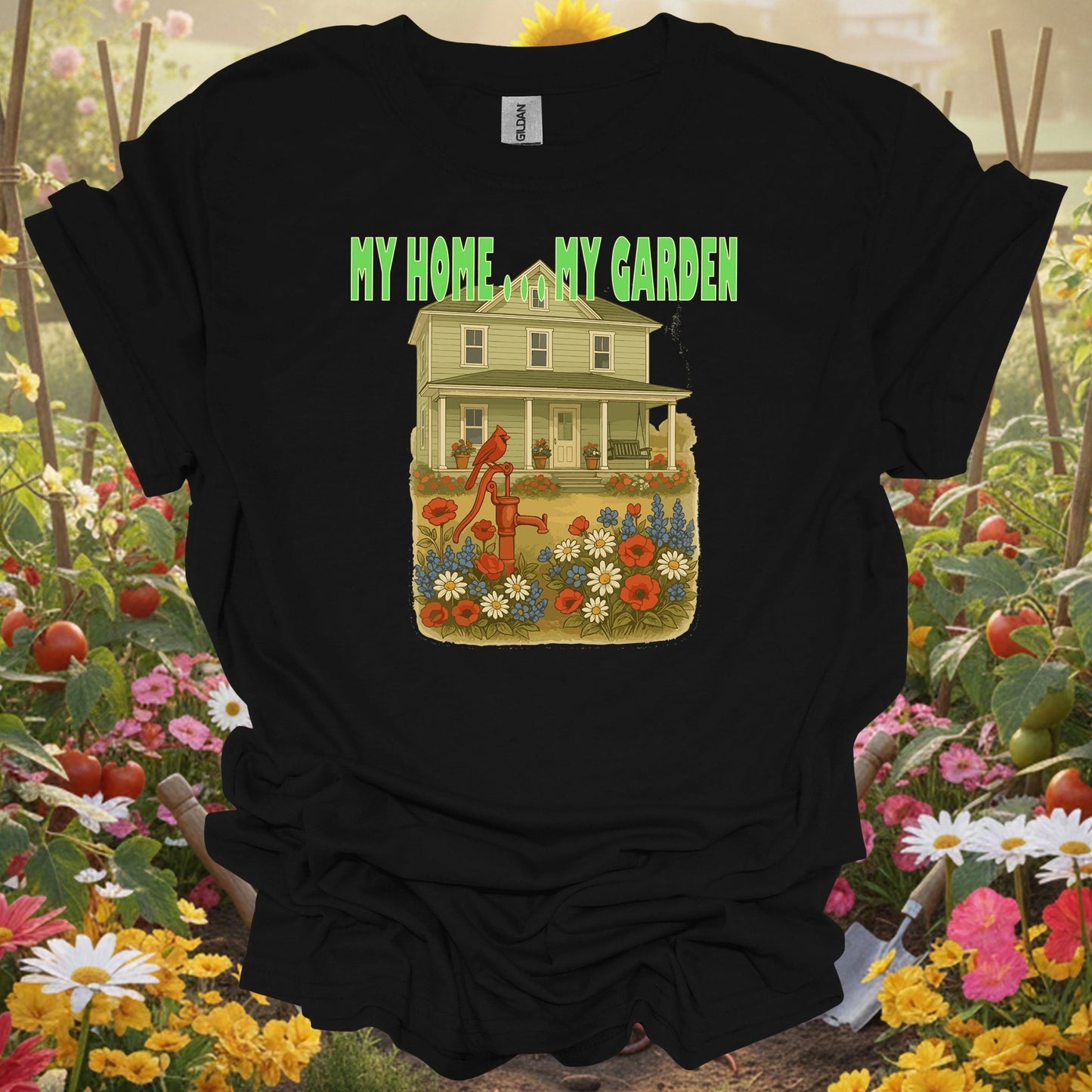 Black t-shirt with a vibrant poppy and daisy theme that fits a modern slow-living lifestyle and earthy aesthetic.