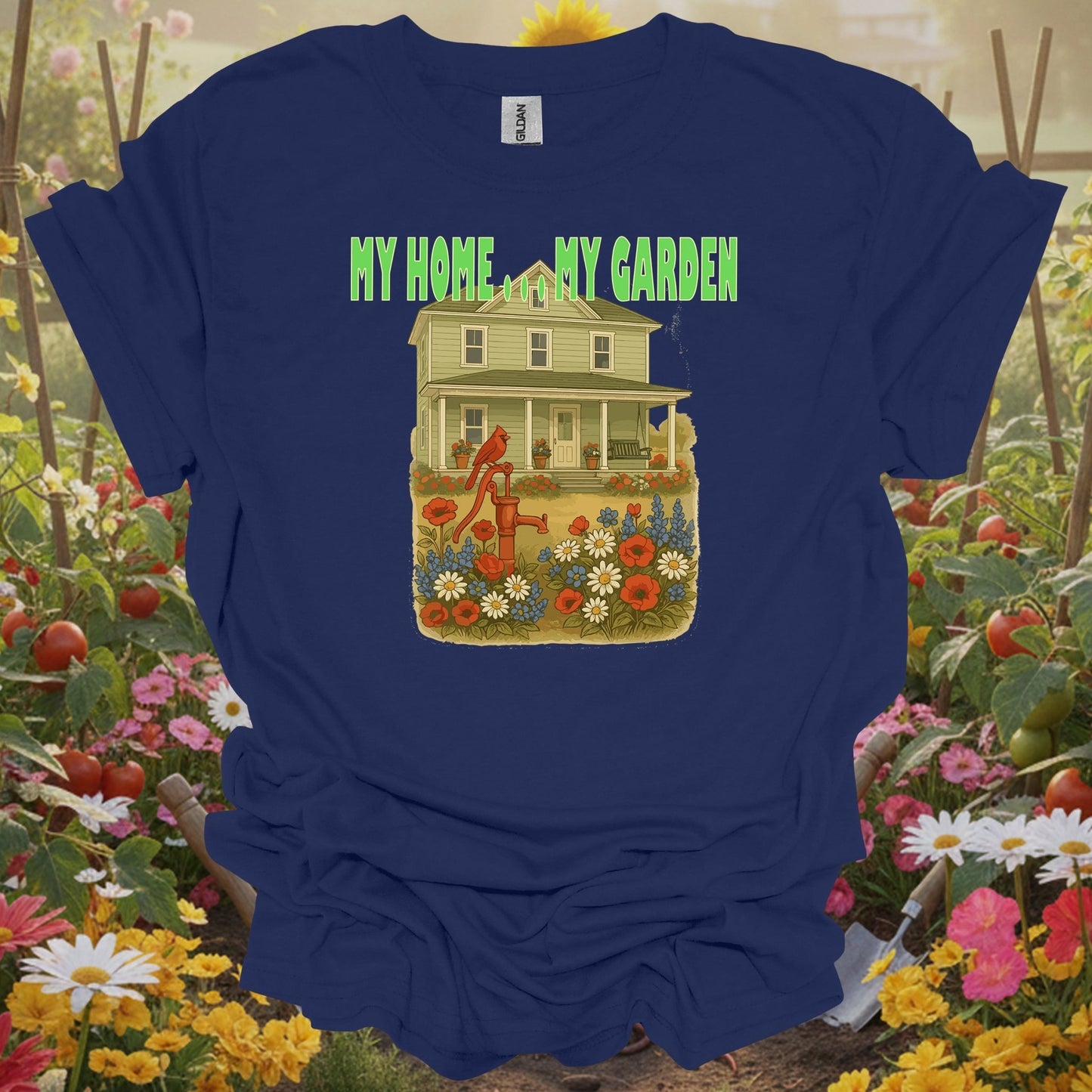 Navy top with a retro storybook garden graphic that captures a peaceful and soulful homesteading vibe on this tee.