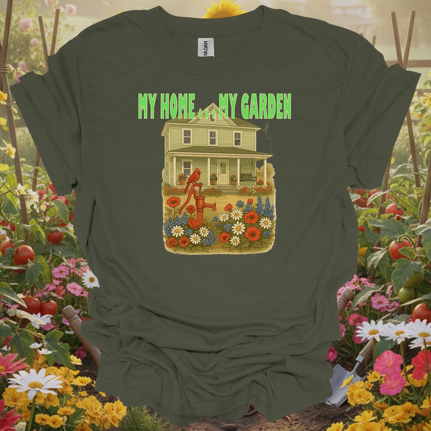 Military Green gardening tee with a retro-inspired storybook look that serves as a functional piece of art for any grower.