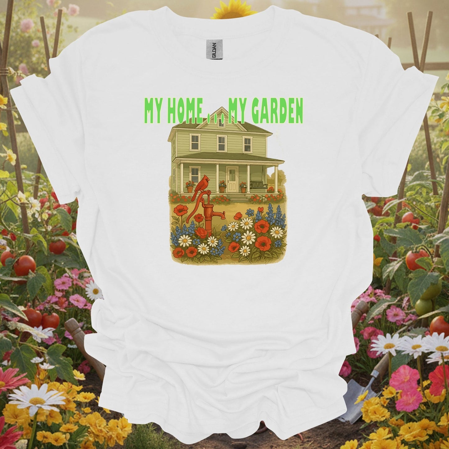 White shirt featuring a nostalgic home garden design on a classic T-shirt for anyone who finds peace in their sanctuary.
