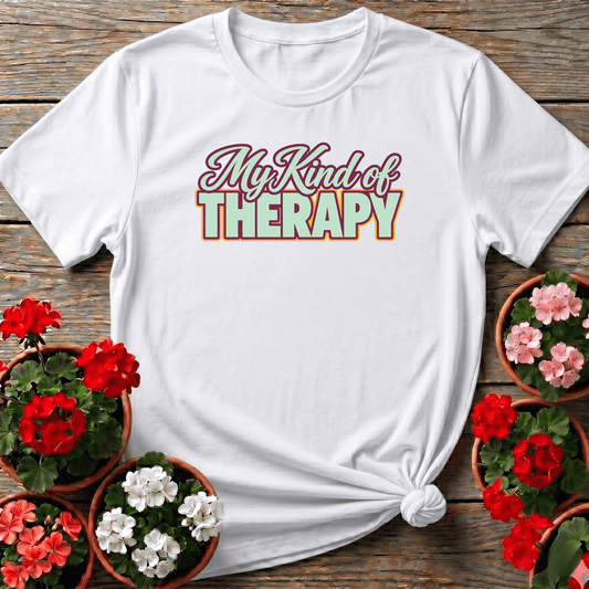 White vintage bold lettering gardening shirt with "My Kind of Therapy" for cottagecore plant parents