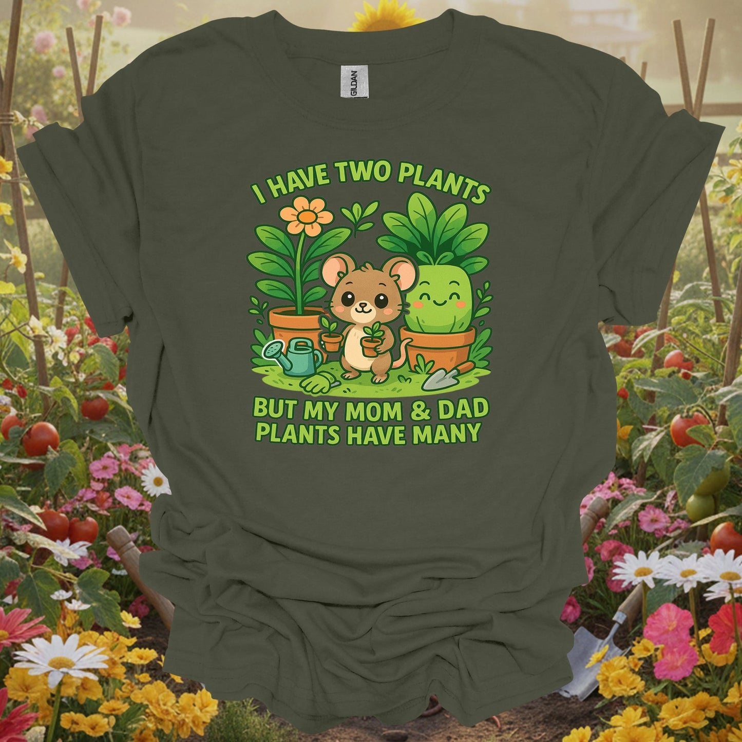 Military Green tshirt showing my parents plants have many cute mouse for gardening enthusiasts