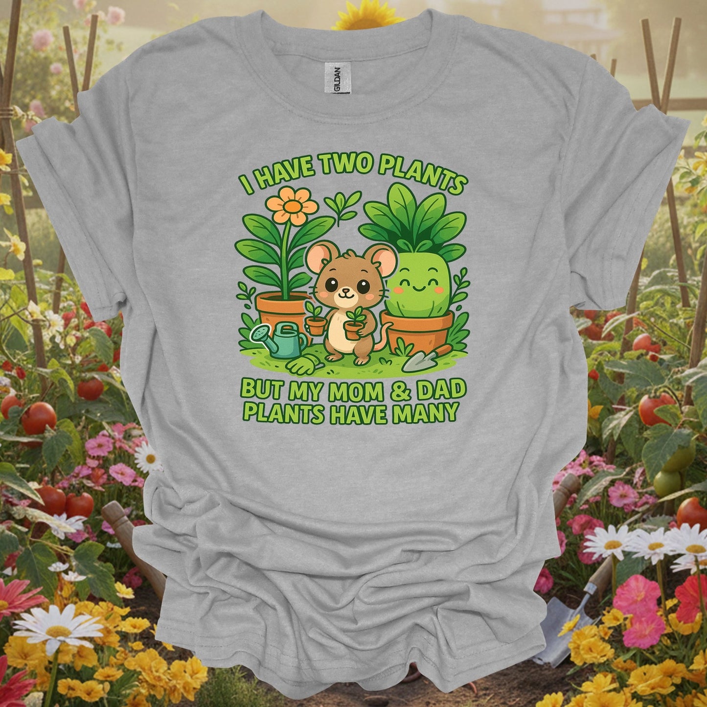 Sport Grey tee showing my parents plants have many cute mouse for garden hobbyists