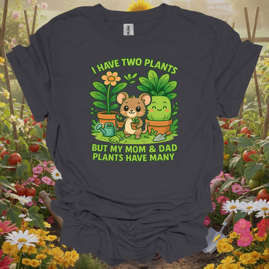 Charcoal tee showing my parents plants have many cute mouse for plant lovers