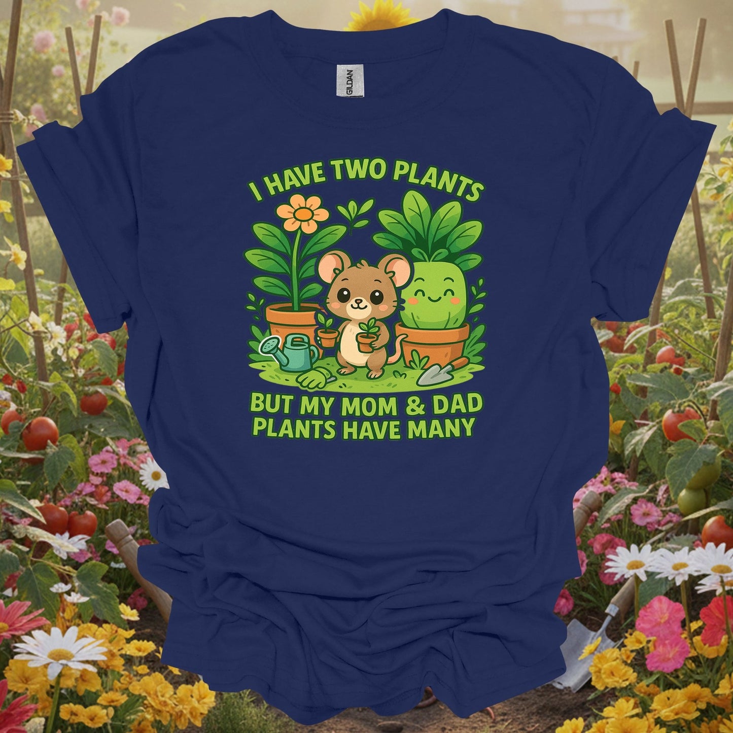 Navy top showing my parents plants have many cute mouse for green thumb folks