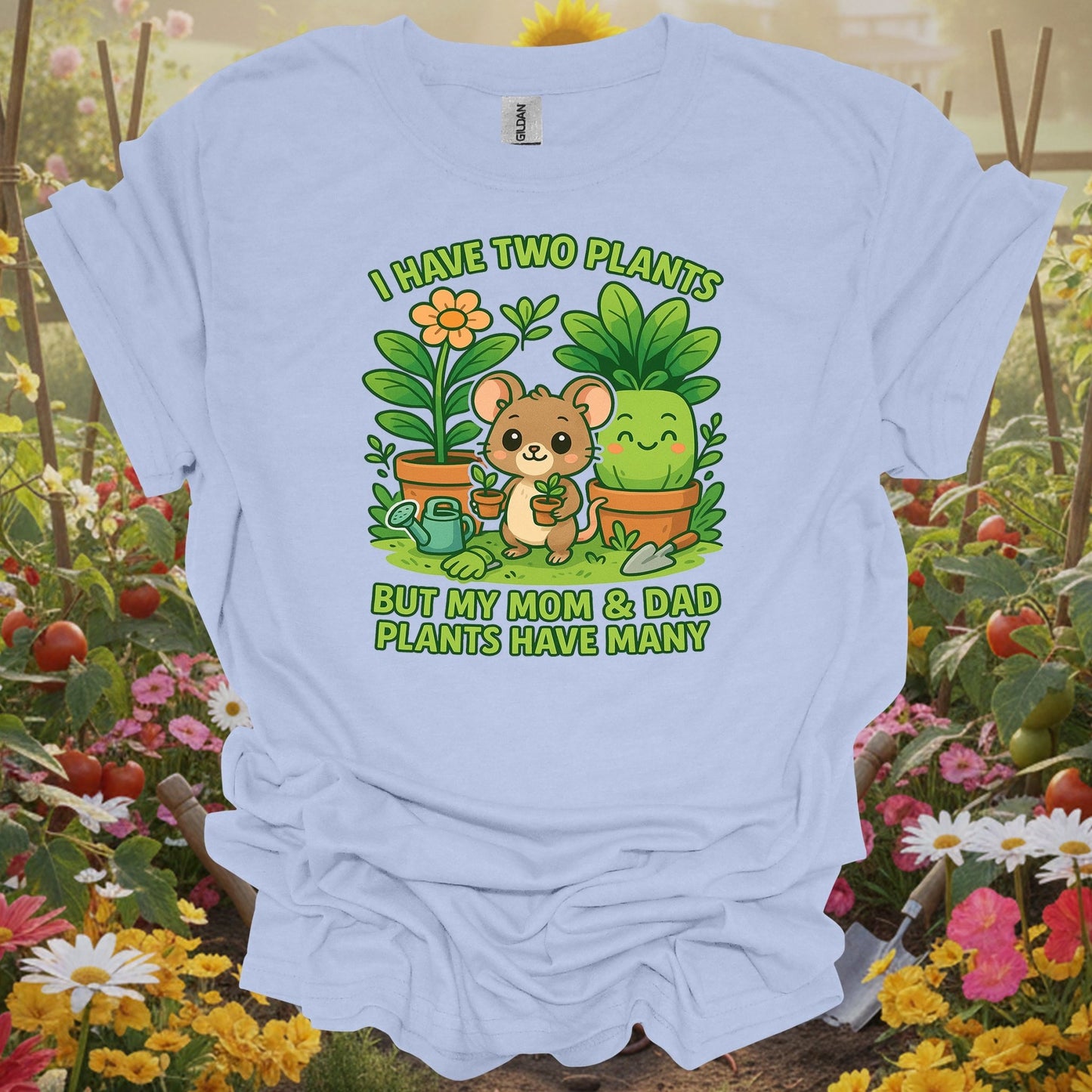 Light Blue shirt showing my parents plants have many cute mouse for home gardeners