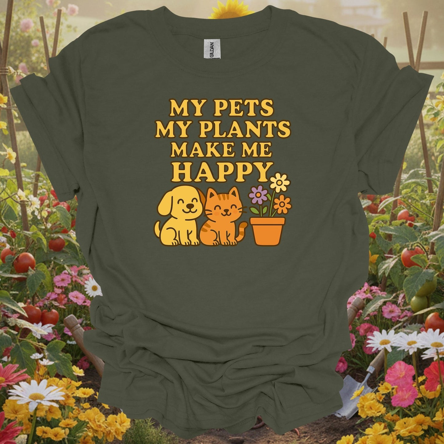 Military Green tshirt showing my pets my plants make me happy kawaii for people who love plants