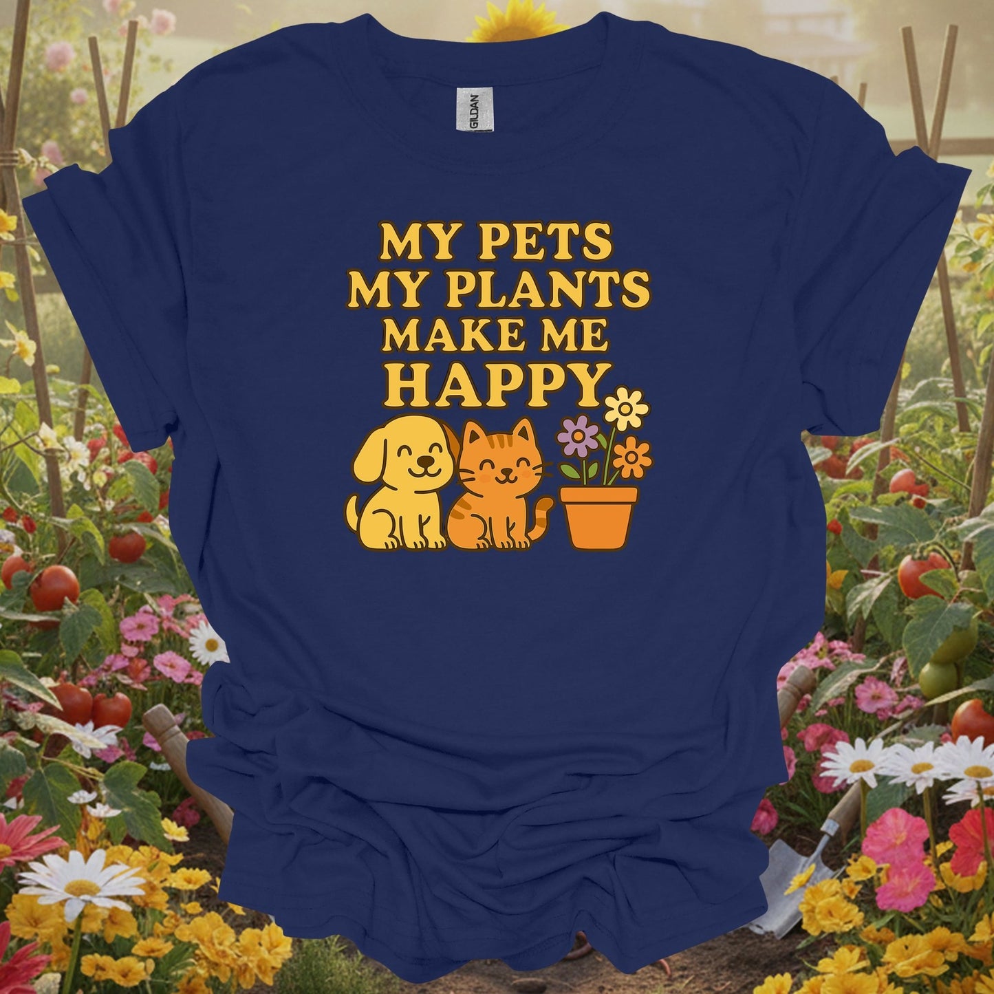 Navy top showing my pets my plants make me happy kawaii for green thumb folks