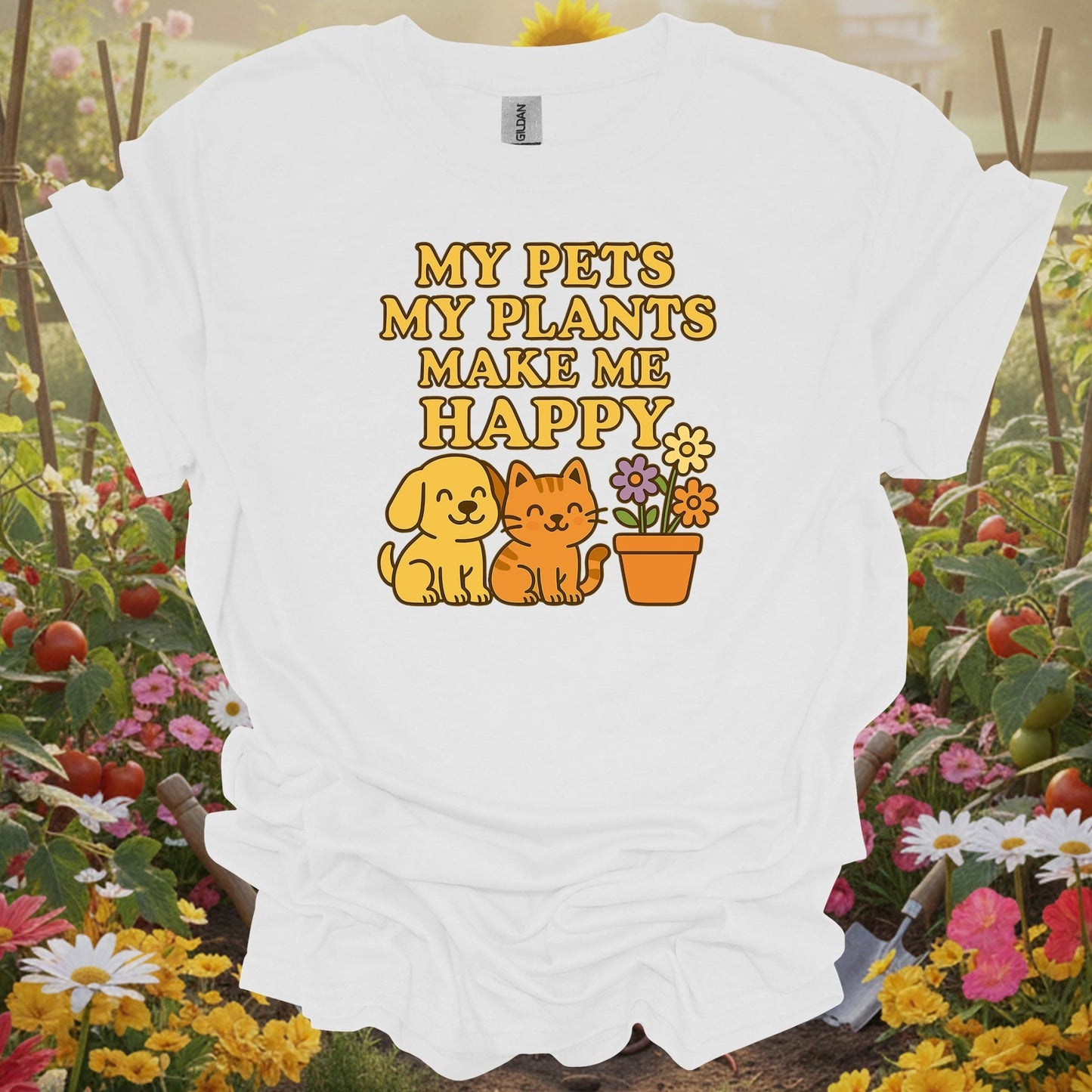 White shirt showing my pets my plants make me happy kawaii for outdoor enthusiasts