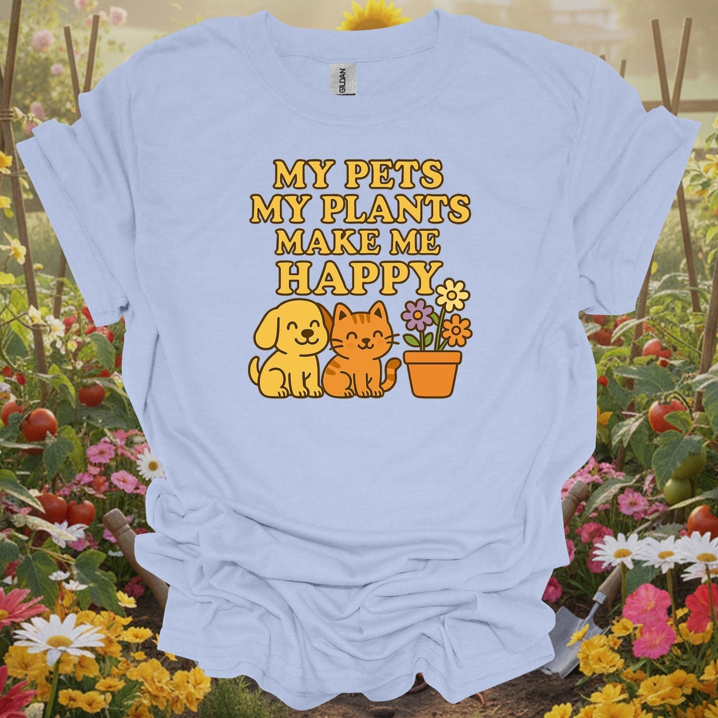 Light Blue shirt showing my pets my plants make me happy kawaii for home gardeners