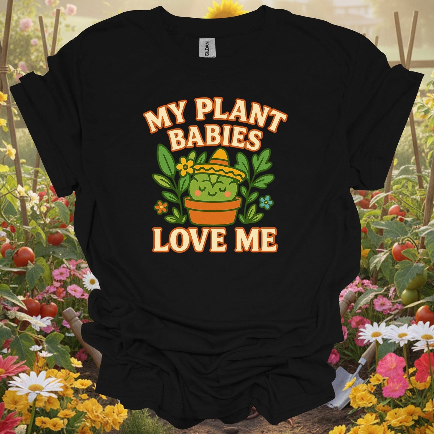 Black shirt showing my plant babies love me funny kawaii succulent for outdoor enthusiasts