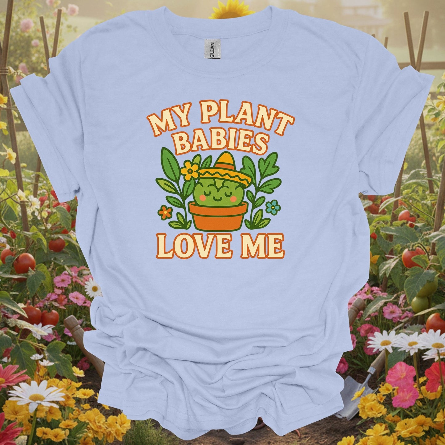 Light Blue shirt showing my plant babies love me funny kawaii succulent for home gardeners