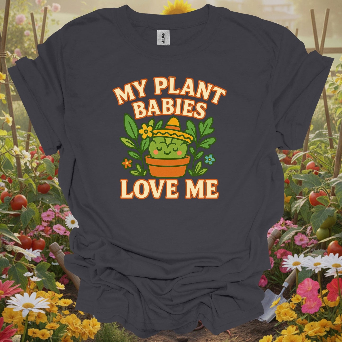 Charcoal tee showing my plant babies love me funny kawaii succulent for plant lovers