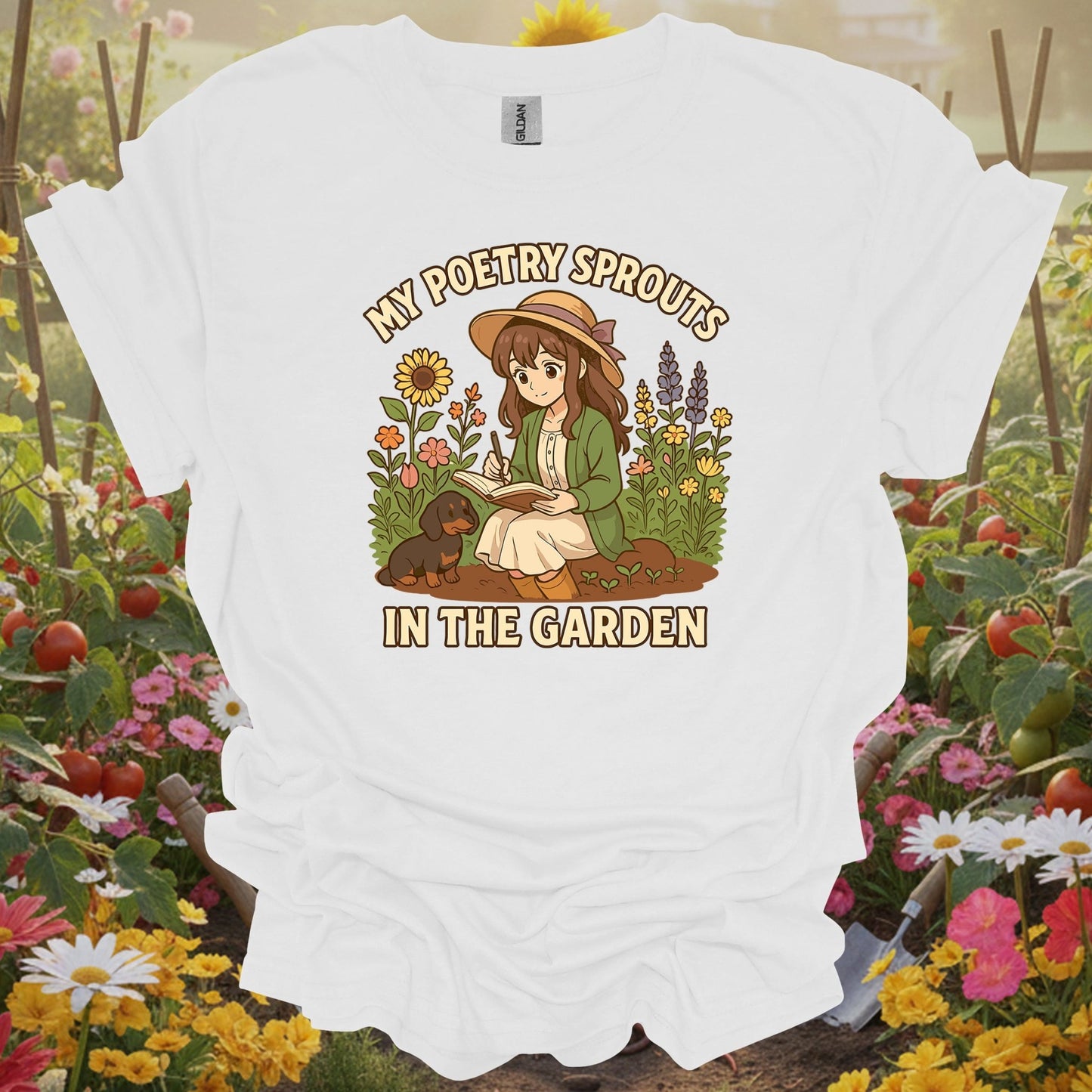 White shirt showing my poetry sprouts in the garden anime for outdoor enthusiasts