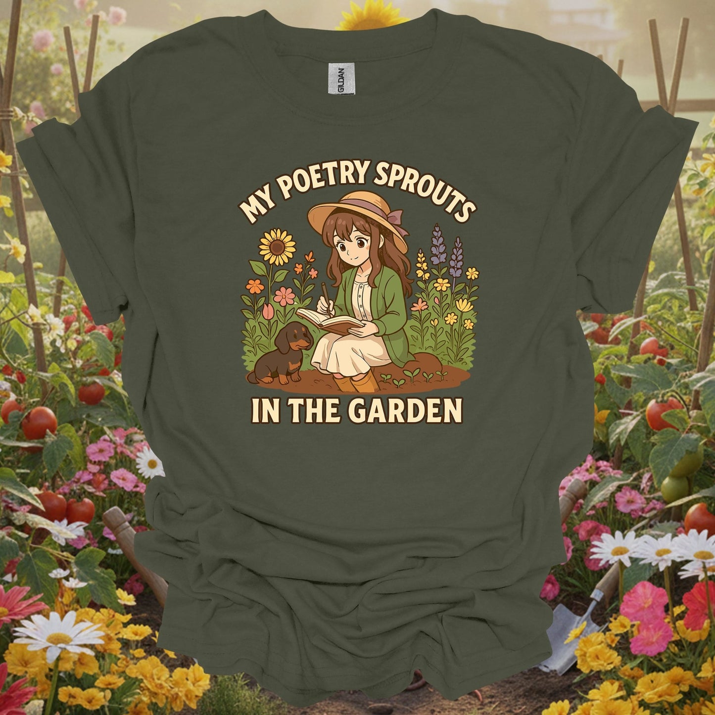 Military Green top showing my poetry sprouts in the garden anime for nature lovers