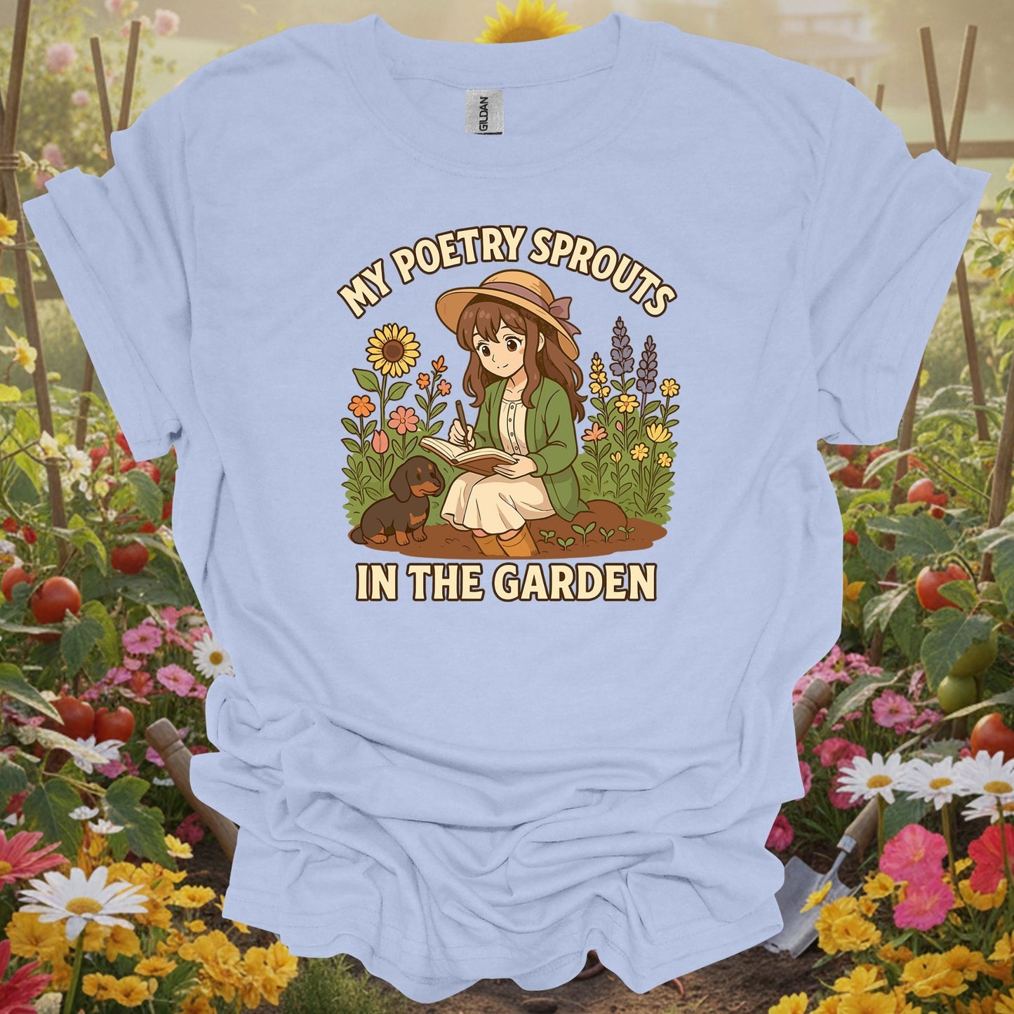 Light Blue shirt showing my poetry sprouts in the garden anime for home gardeners
