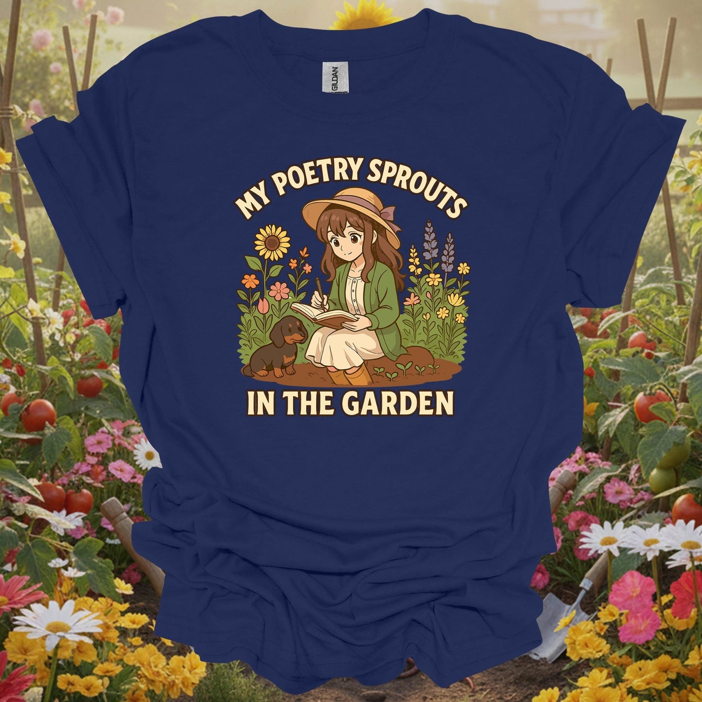 Navy top showing my poetry sprouts in the garden anime for green thumb folks