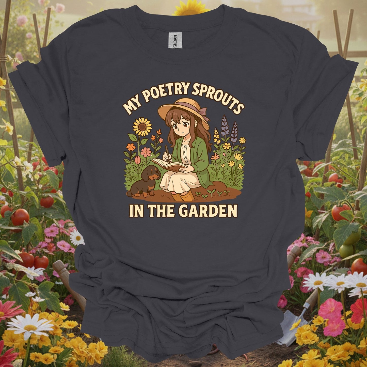 Charcoal tee showing my poetry sprouts in the garden anime for plant lovers