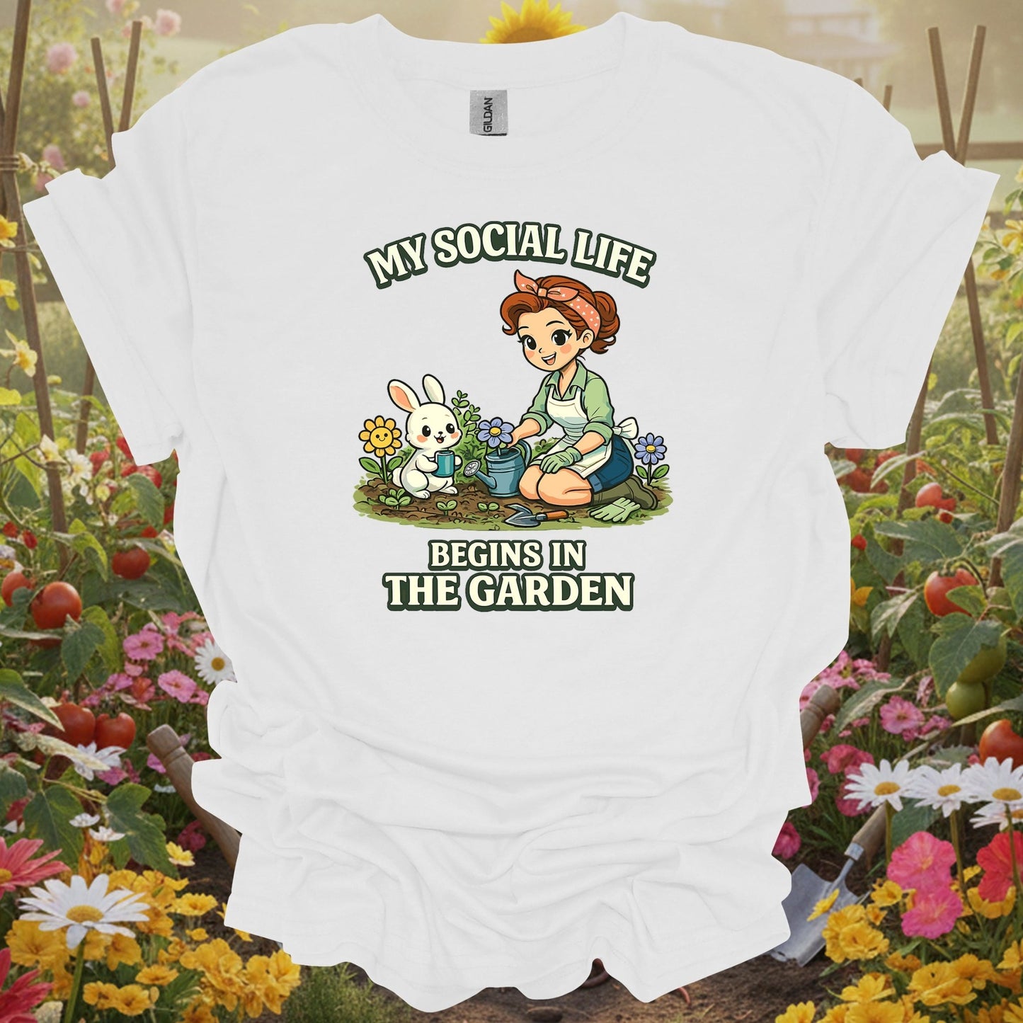 White tee showing my social life begins in the garden kawaii bunny for garden hobbyists