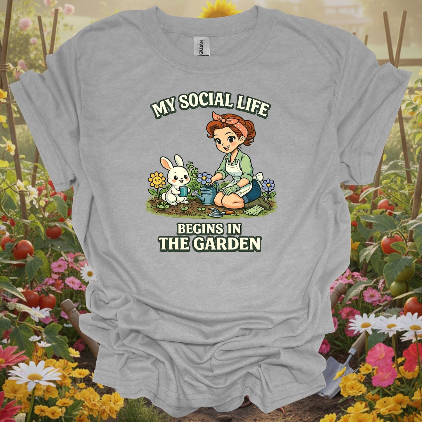 Sport Grey tshirt showing my social life begins in the garden kawaii bunny for backyard growers