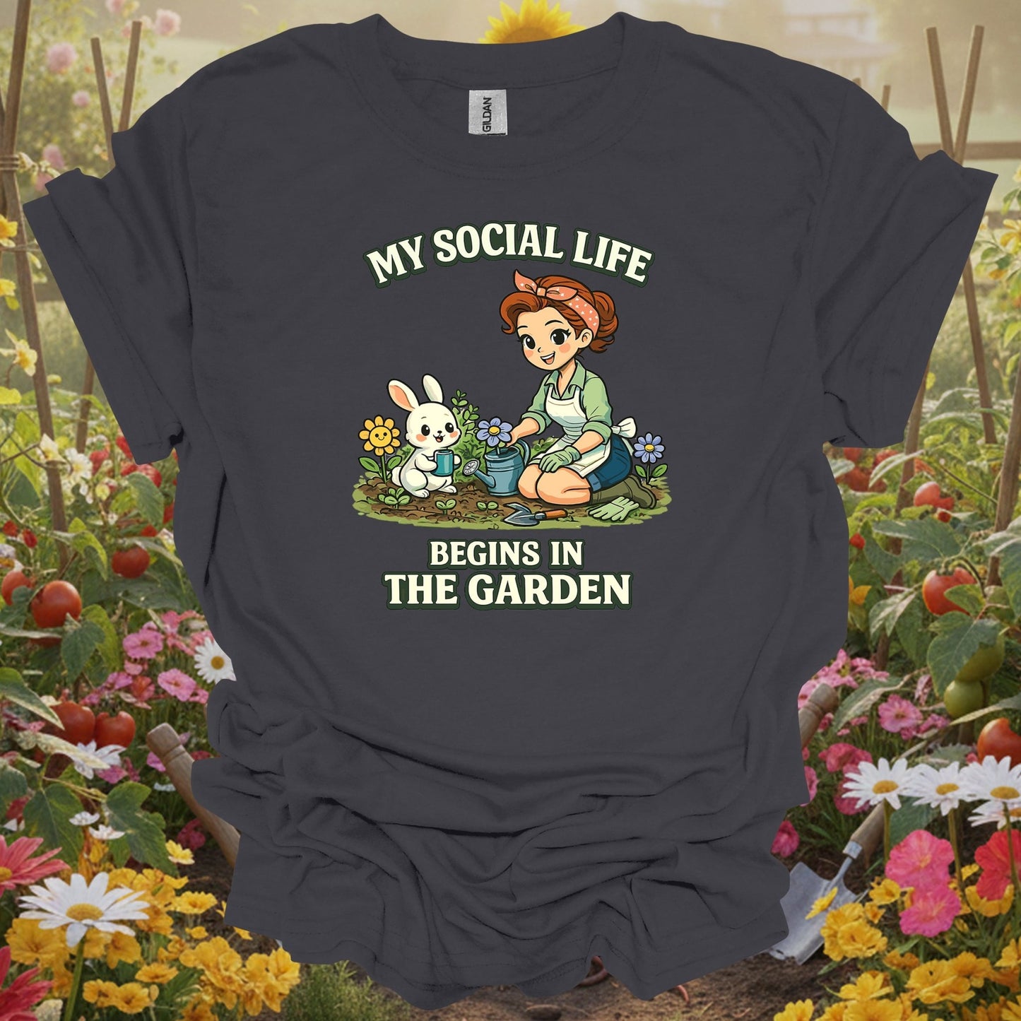 Charcoal tee showing my social life begins in the garden kawaii bunny for plant lovers