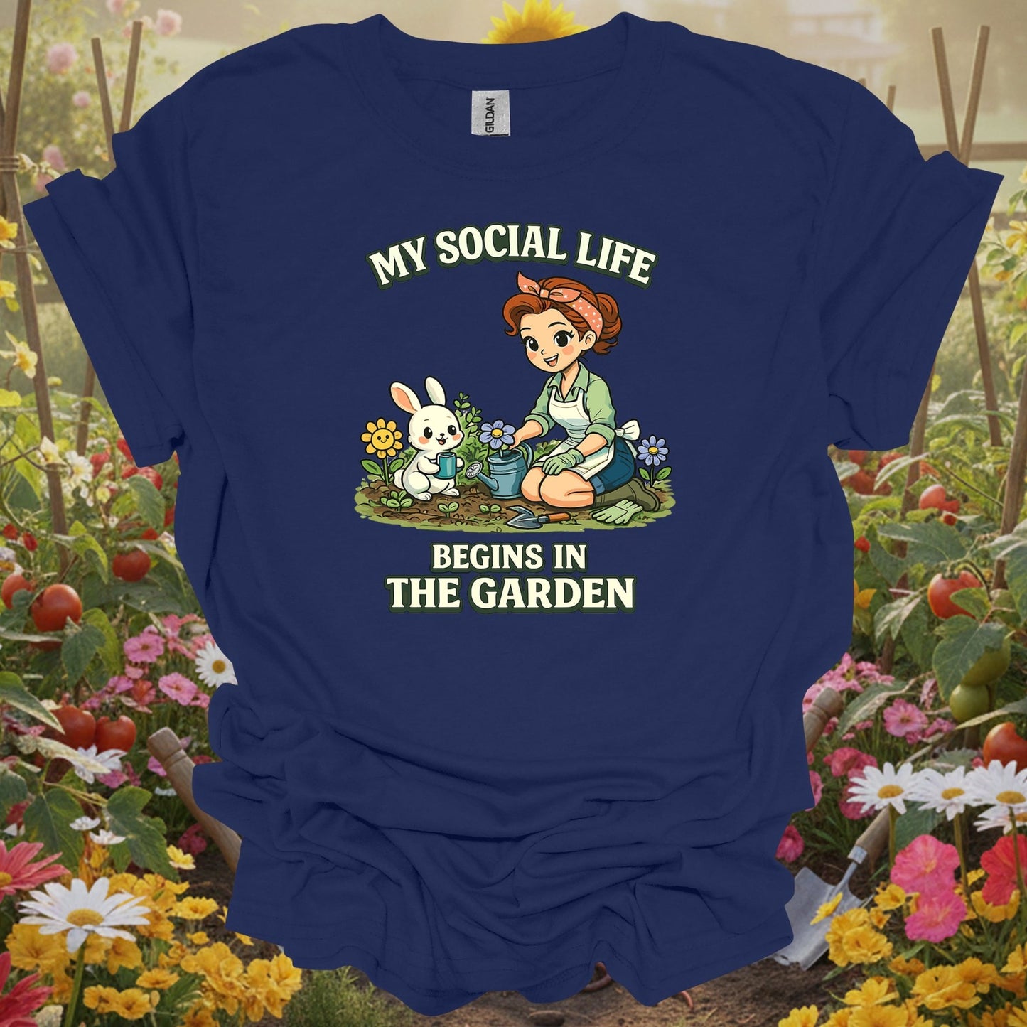 Navy shirt showing my social life begins in the garden kawaii bunny for home gardeners