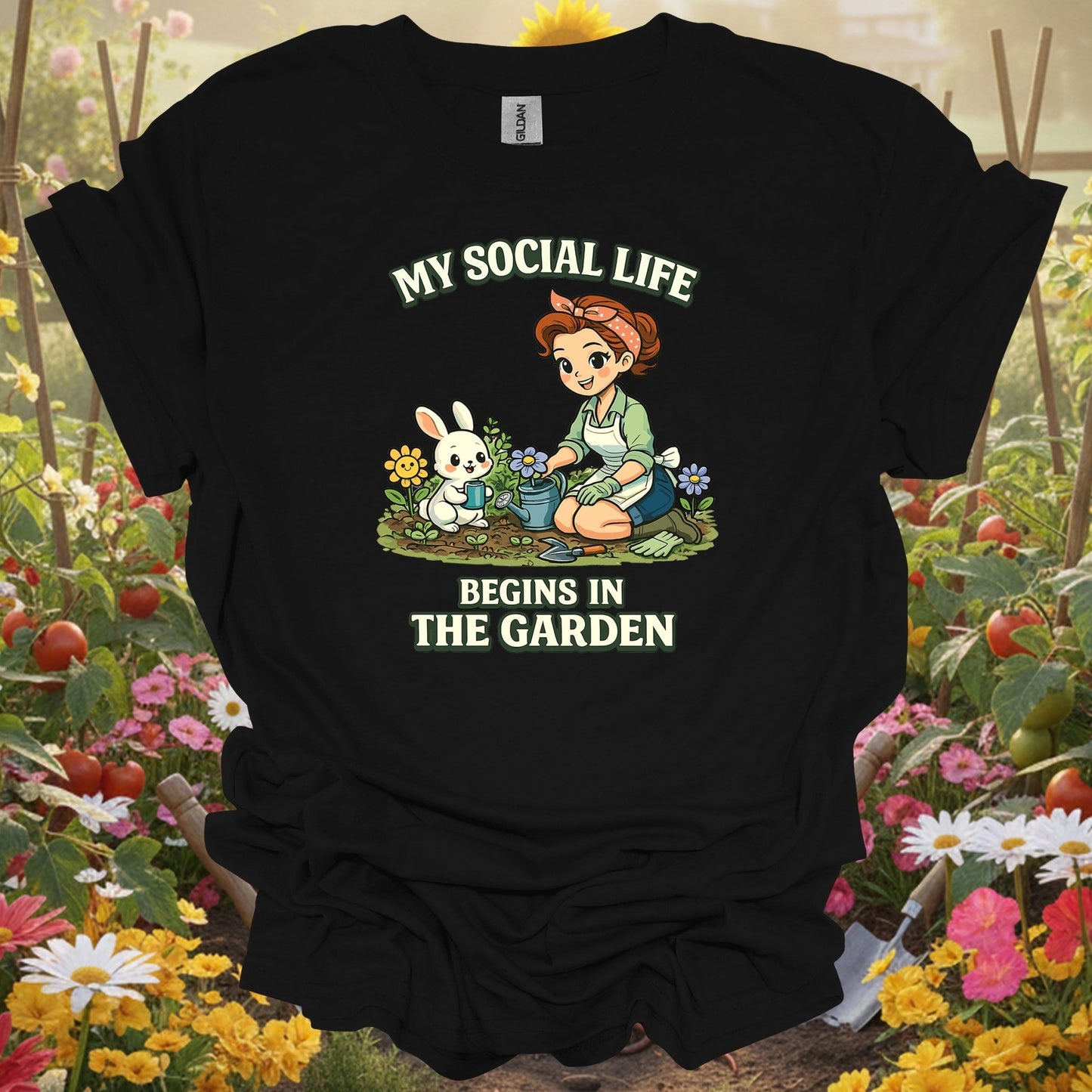 Black shirt showing my social life begins in the garden kawaii bunny for outdoor enthusiasts