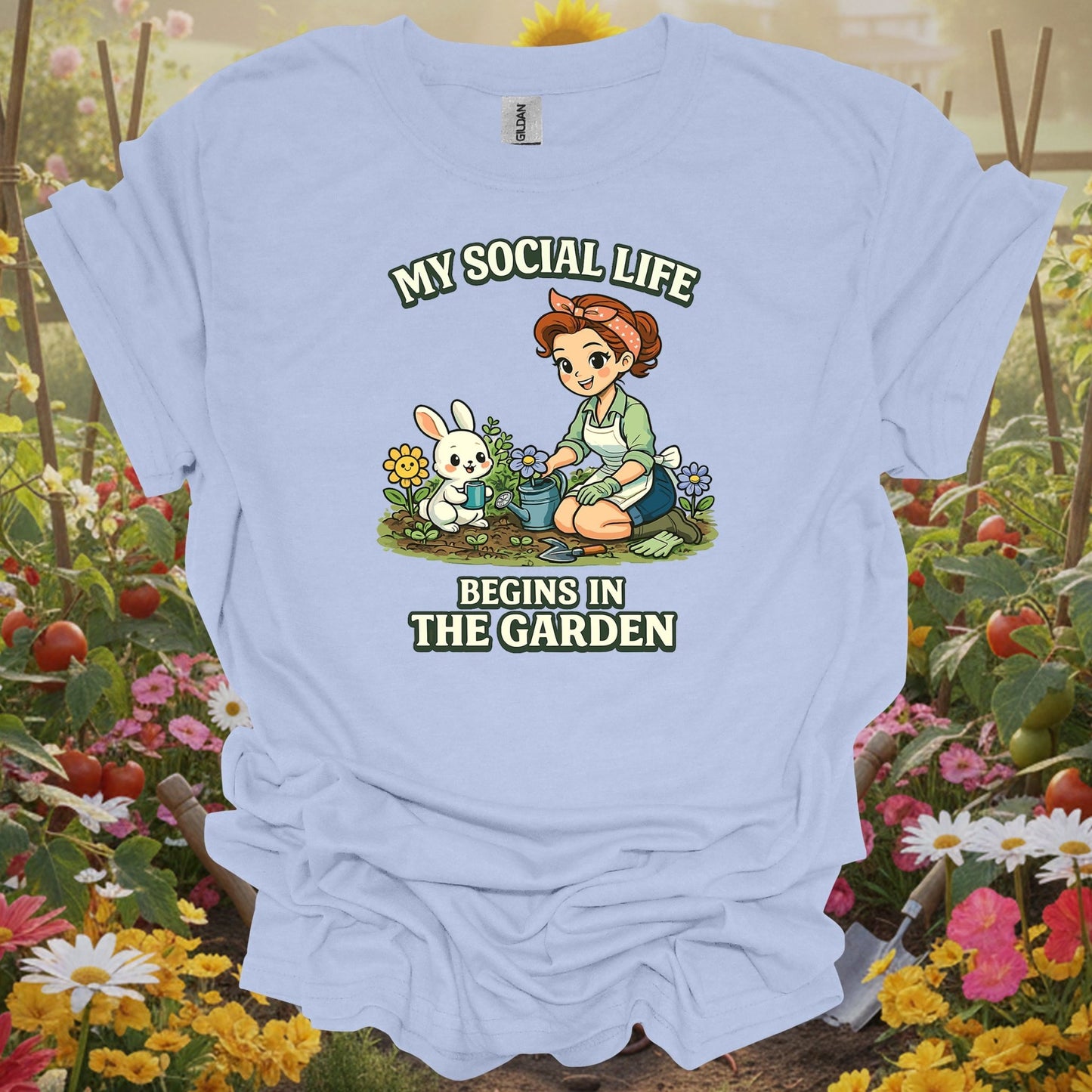 Light Blue tshirt showing my social life begins in the garden kawaii bunny for gardening enthusiasts