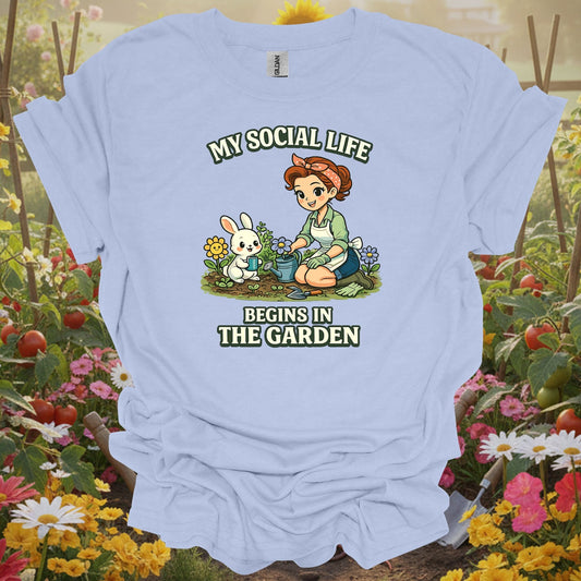 Light Blue tshirt showing my social life begins in the garden kawaii bunny for gardening enthusiasts