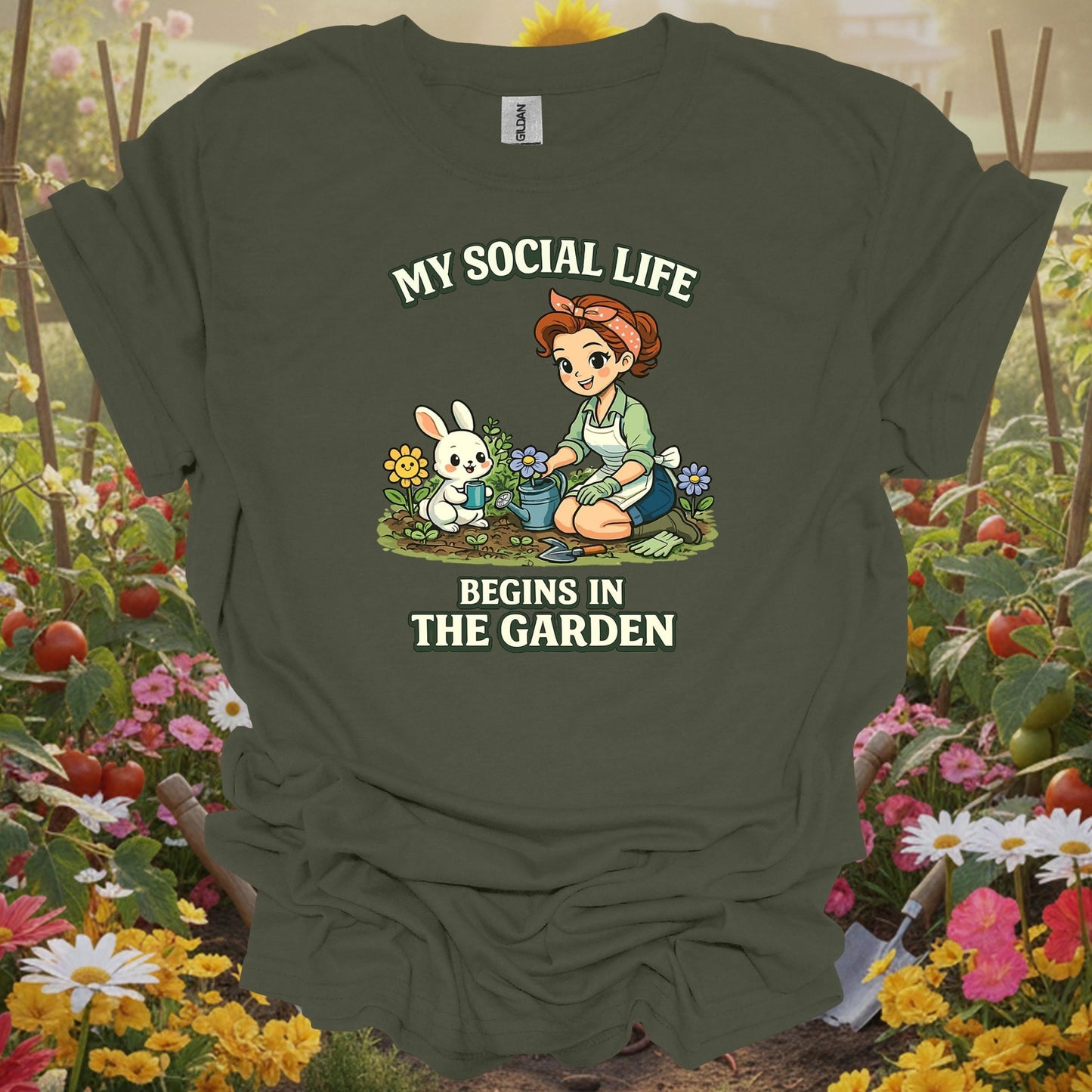 Military Green top showing my social life begins in the garden kawaii bunny for nature lovers