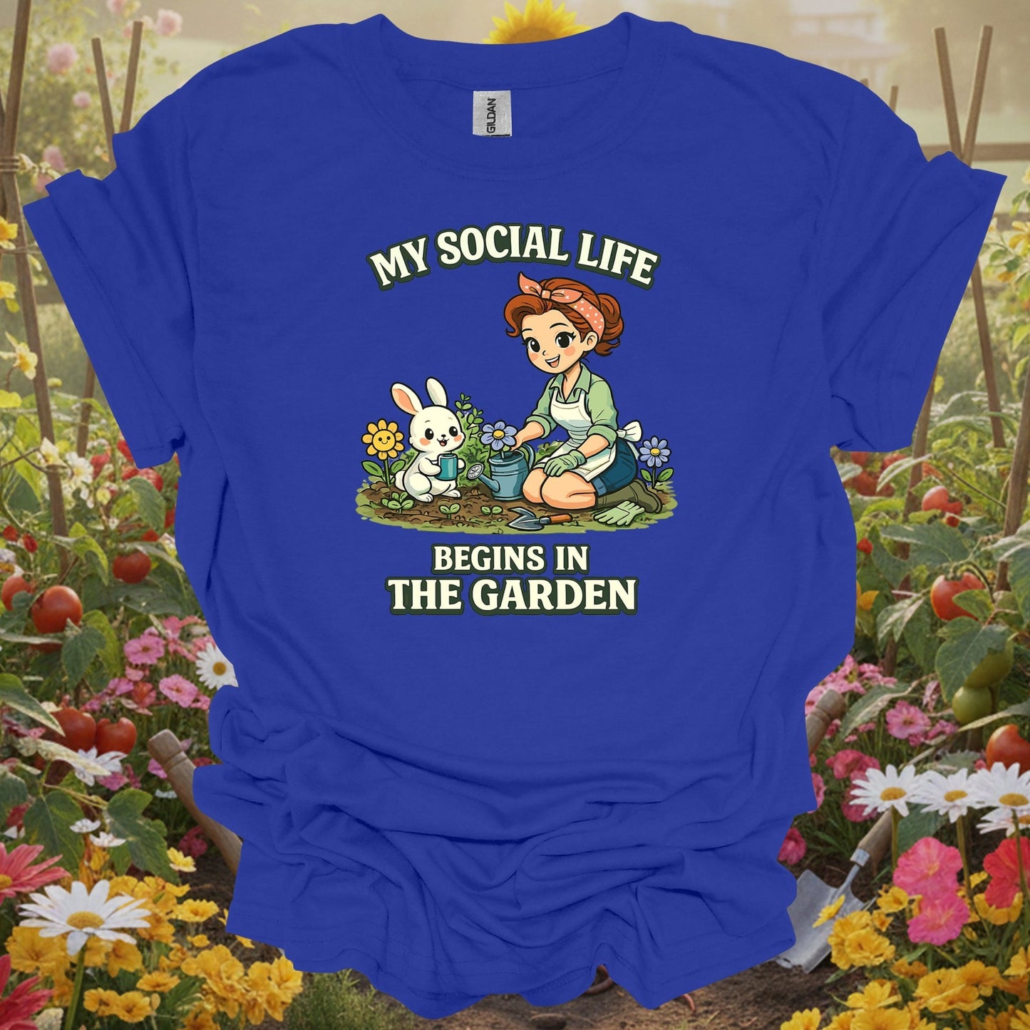 Royal top showing my social life begins in the garden kawaii bunny for green thumb folks