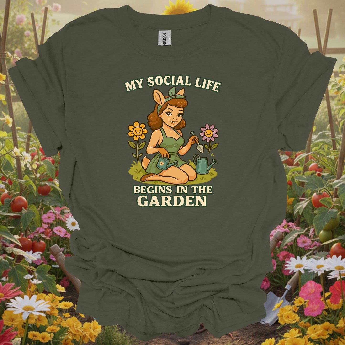 Military green tshirt showing my social life begins in the garden deer pin-up for people who love plants