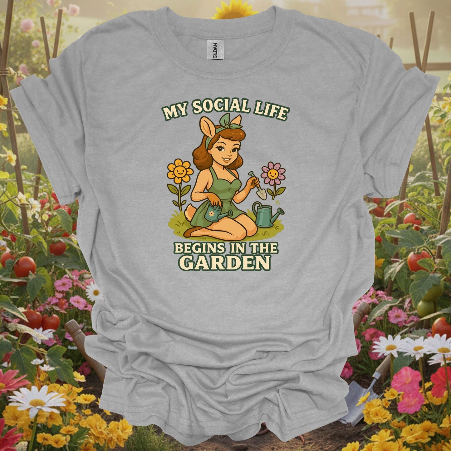 Sport Grey tee showing my social life begins in the garden deer pin-up for garden hobbyists