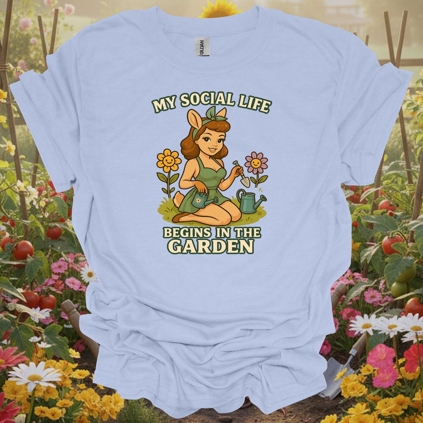 Light Blue shirt showing my social life begins in the garden deer pin-up for home gardeners