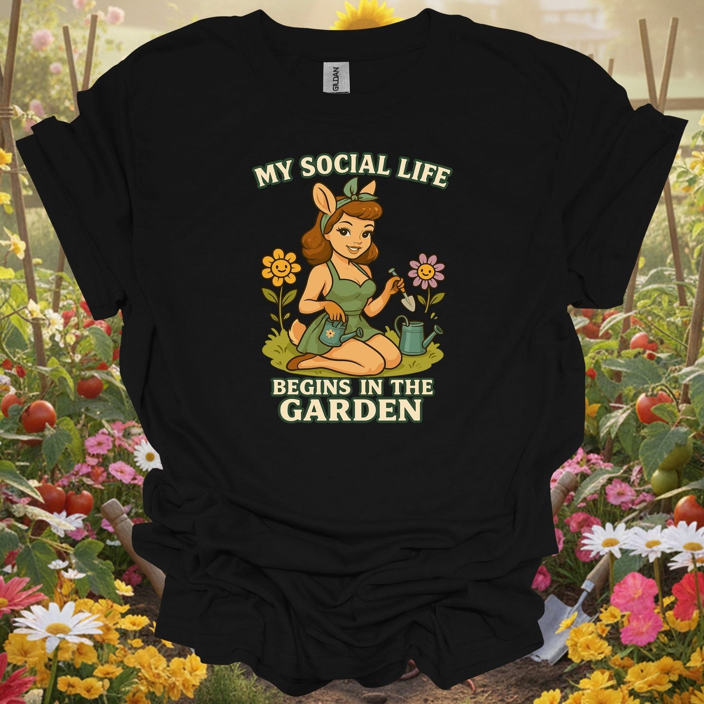 Black top showing my social life begins in the garden deer pin-up for nature lovers