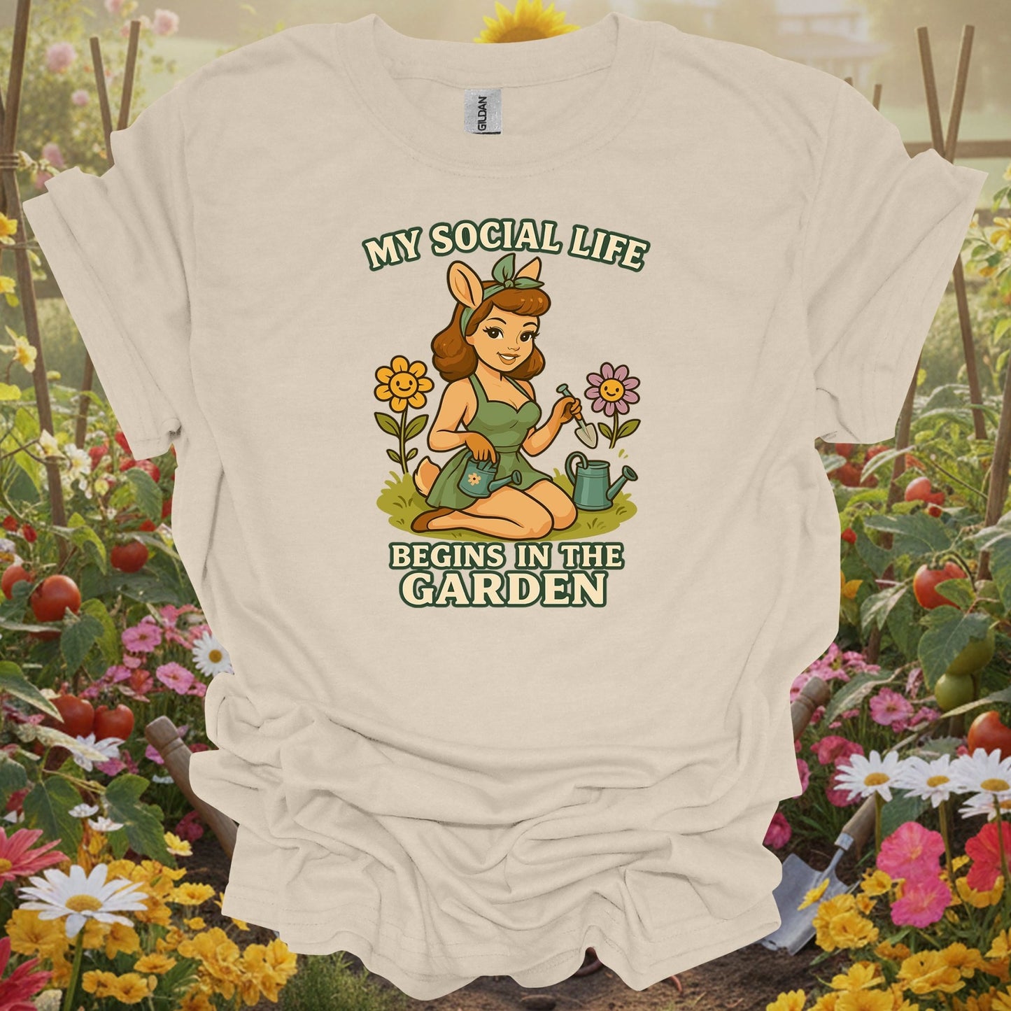 Natural tshirt showing my social life begins in the garden deer pin-up for gardening enthusiasts