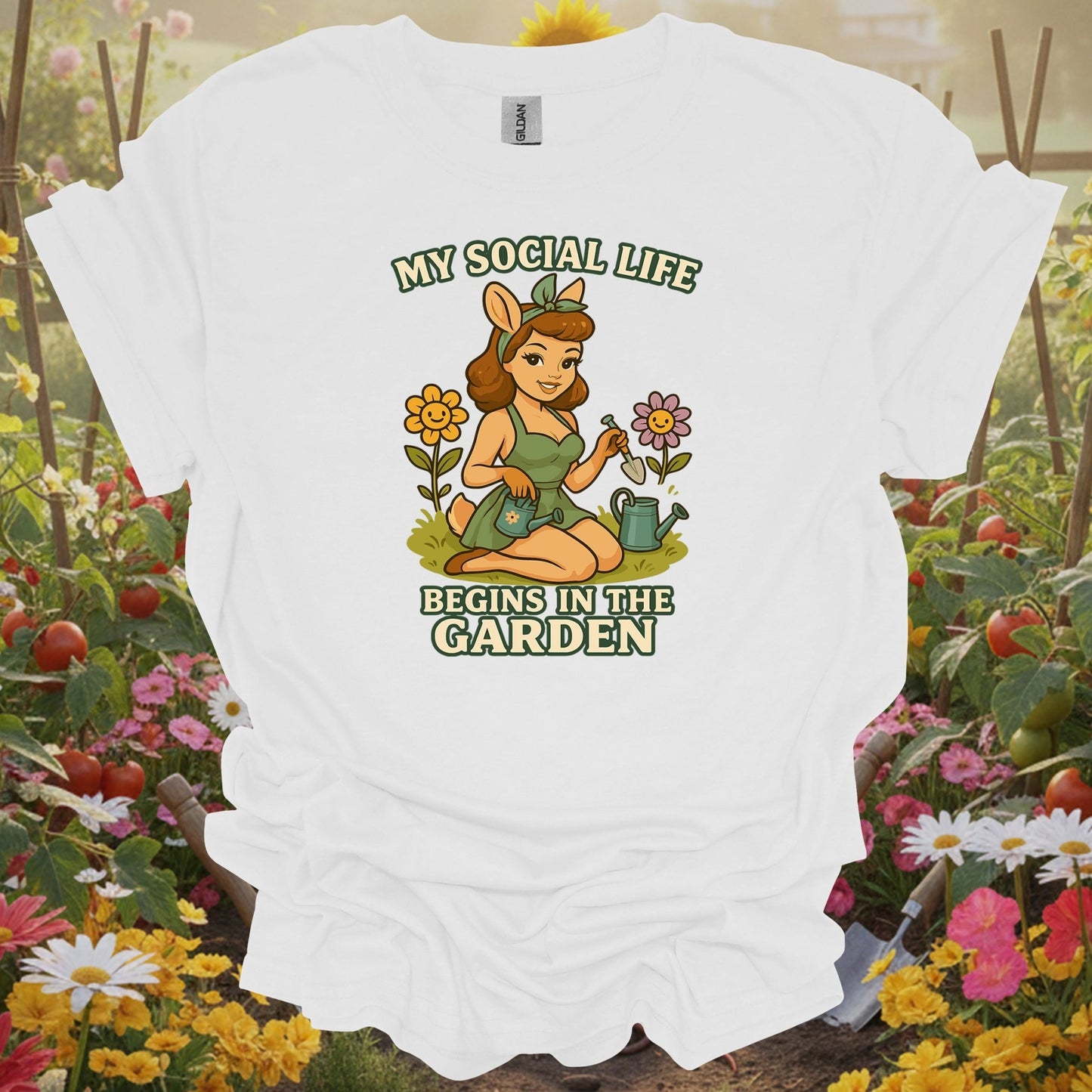 White shirt showing my social life begins in the garden deer pin-up for outdoor enthusiasts