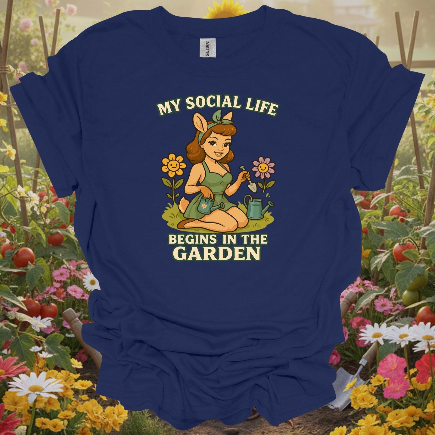 Navy top showing my social life begins in the garden deer pin-up for green thumb folks
