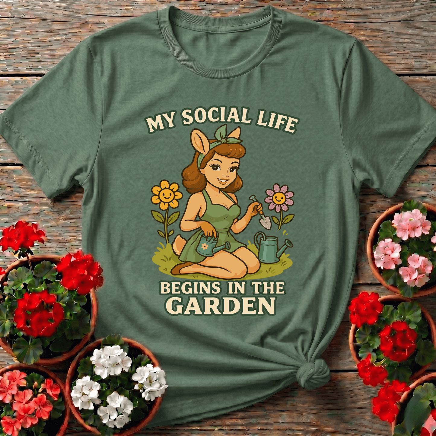 My Social Life Begins In The Garden Deer Pin-Up Tee - GardeningTshirts