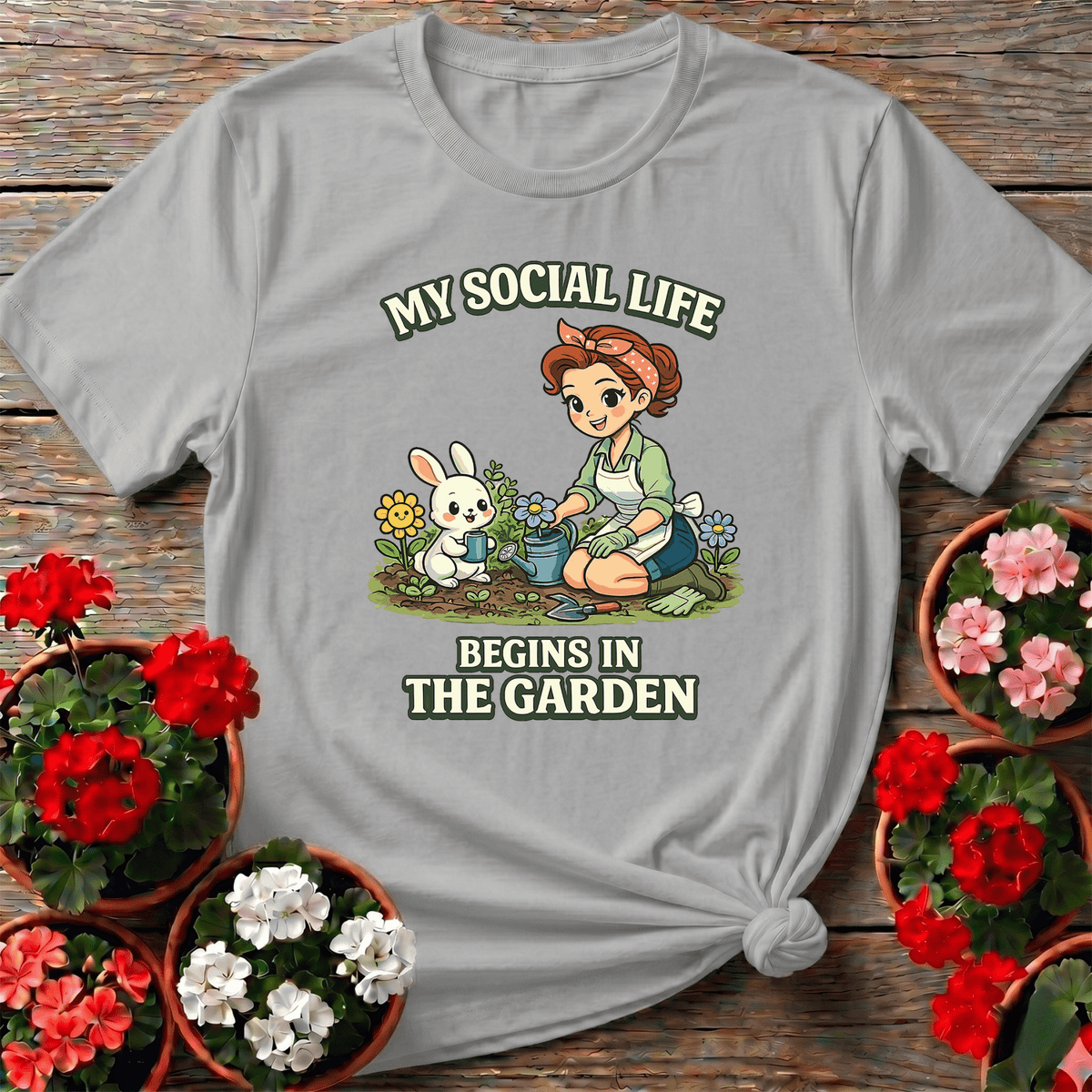 My Social Life Begins In The Garden Kawaii Bunny Tee - GardeningTshirts