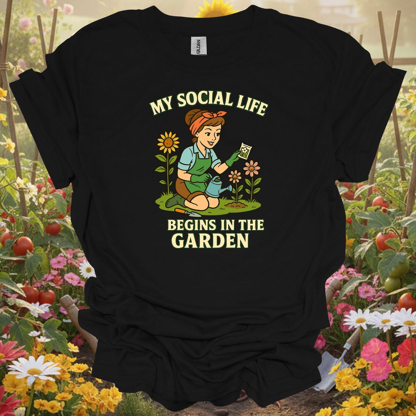 Black shirt showing my social life begins in the garden pin-up for outdoor enthusiasts