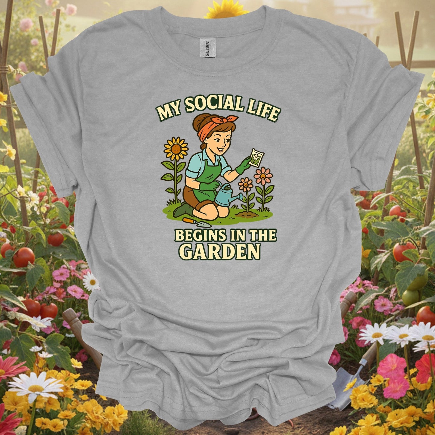 Sport Grey tshirt showing my social life begins in the garden pin-up for backyard growers