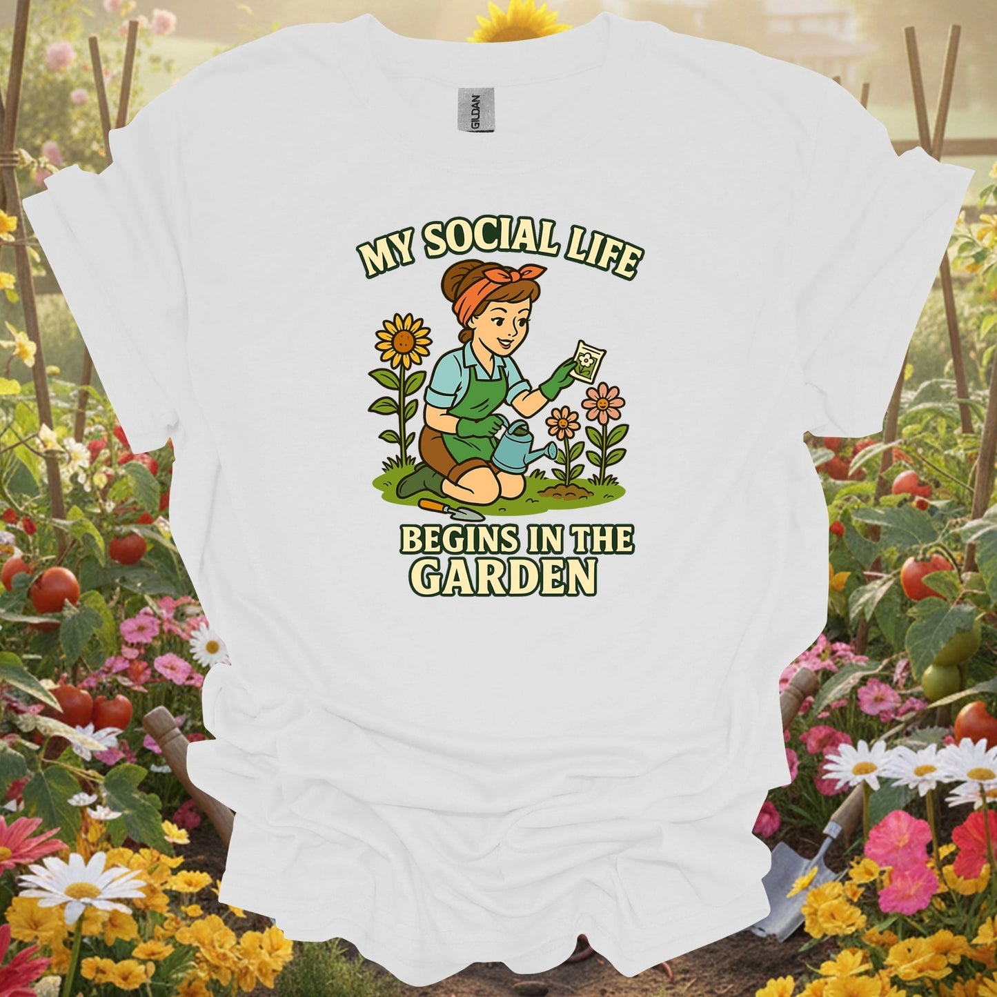 White tee showing my social life begins in the garden pin-up for garden hobbyists