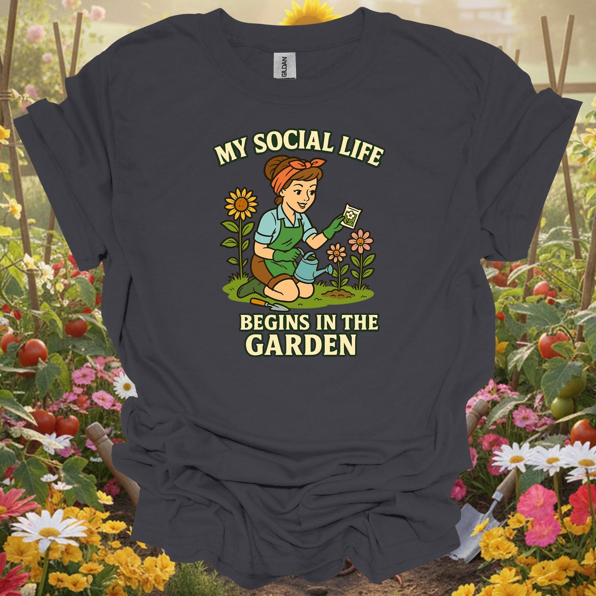 Charcoal tee showing my social life begins in the garden pin-up for plant lovers