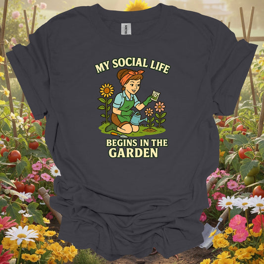 Charcoal tee showing my social life begins in the garden pin-up for plant lovers