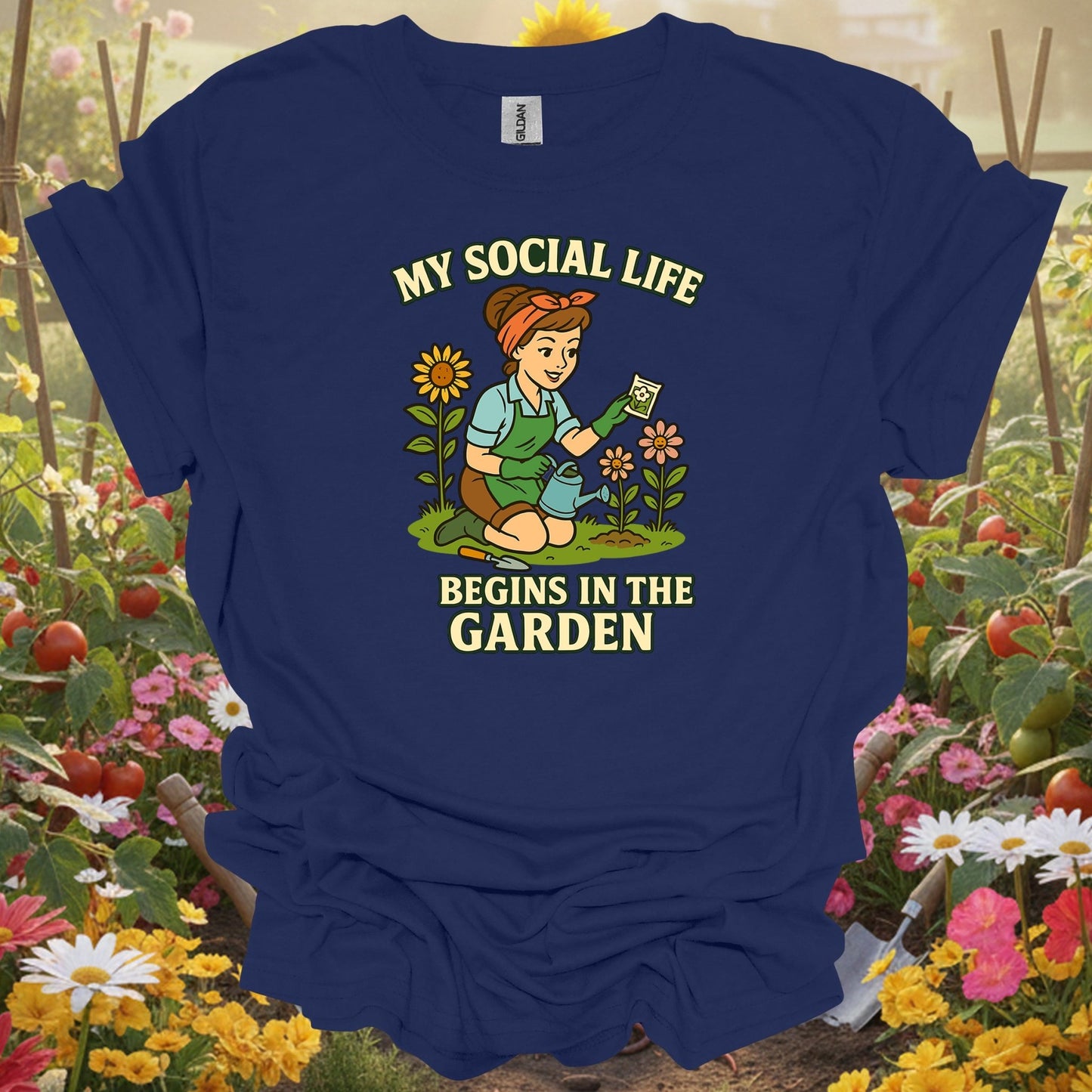 Navy tshirt showing my social life begins in the garden pin-up for gardening enthusiasts